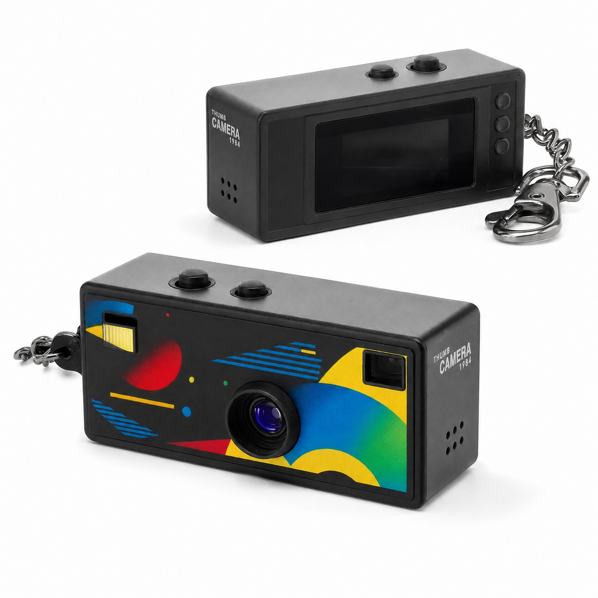 Filmo '84 retro keychain camera in black, front view with lens and keyring clip
