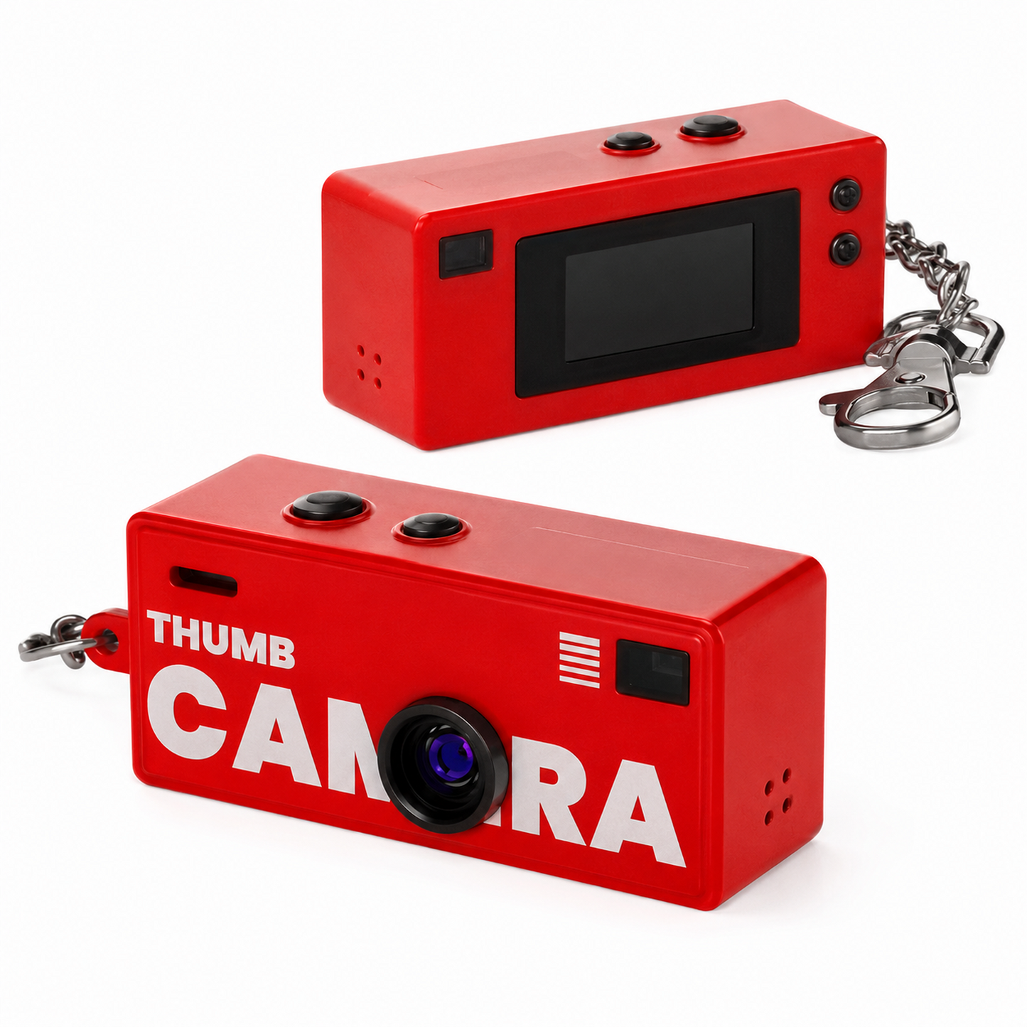 Filmo '84 retro keychain camera in red, front view with lens and keyring clip