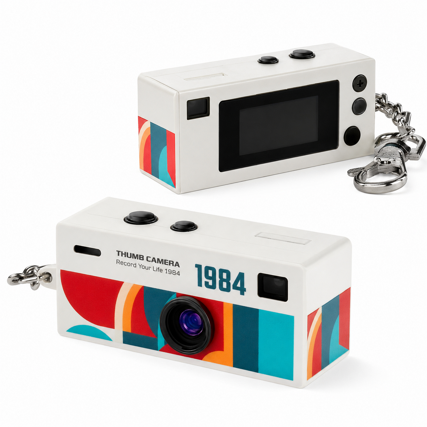 Filmo '84 retro keychain camera in white, front view with lens and keyring clip