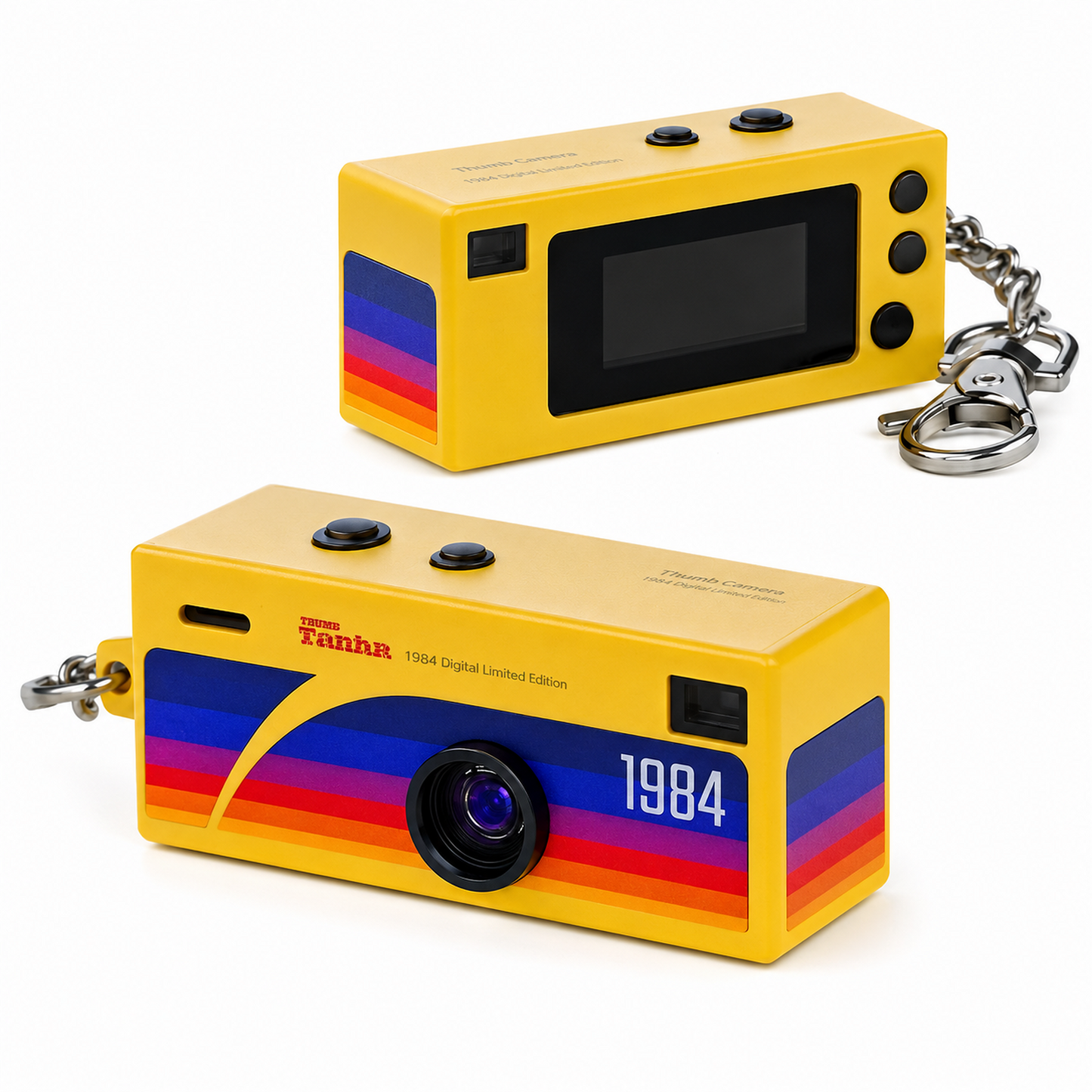 Filmo '84 retro keychain camera in yellow, front view with lens and keyring clip